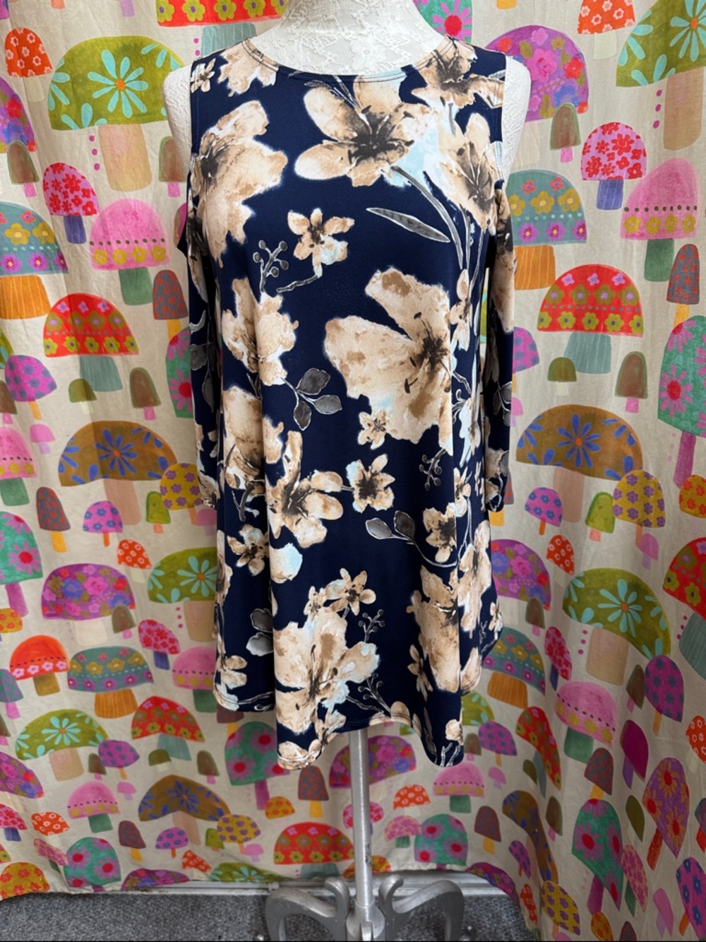 First Love Floral 3/4 Sleeve Cold Shoulder Dress. Medium?
